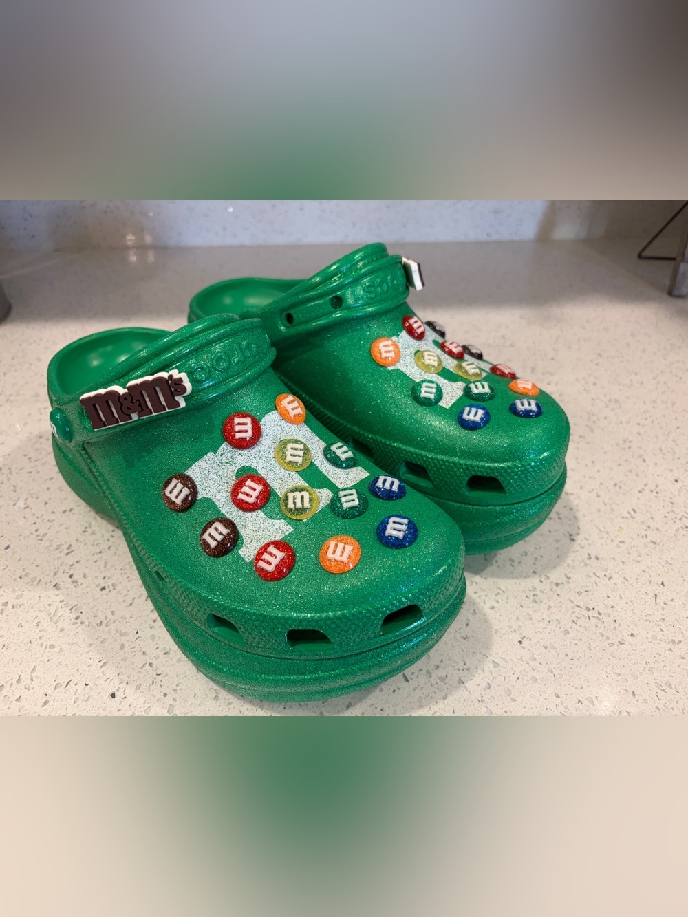 CROCS Green Glitter Platform Clogs with Colorful Candy Charms